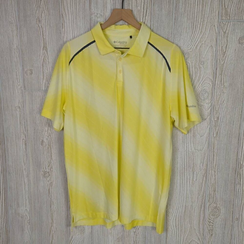 Columbia Mens Size Large Omni Freeze Golf Polo Shirt Yellow Stripe Short Sleeves